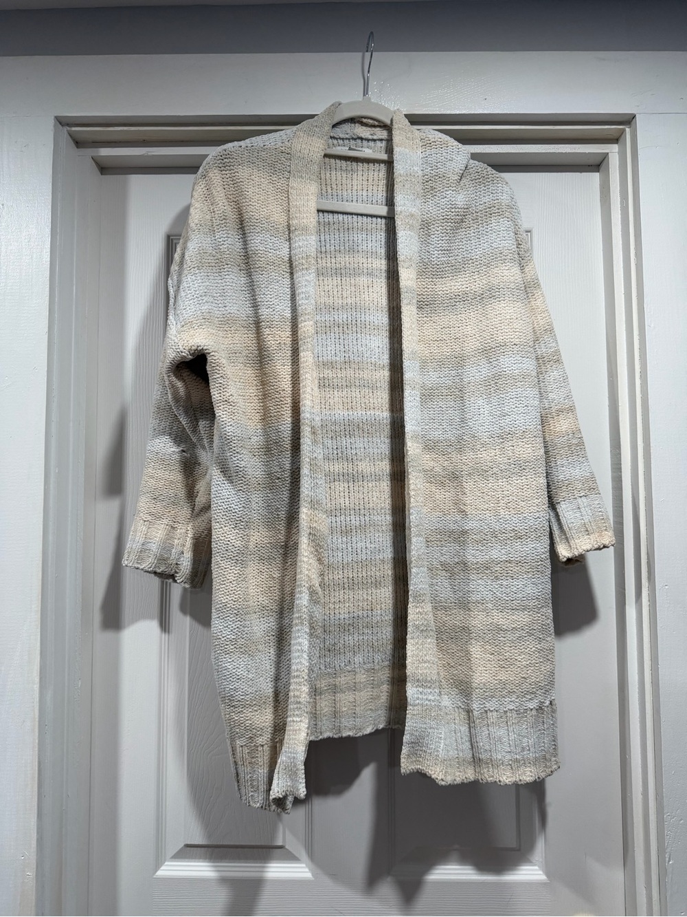 American Eagle Outfitters Cream and Tan Striped Open-Front Cardigan